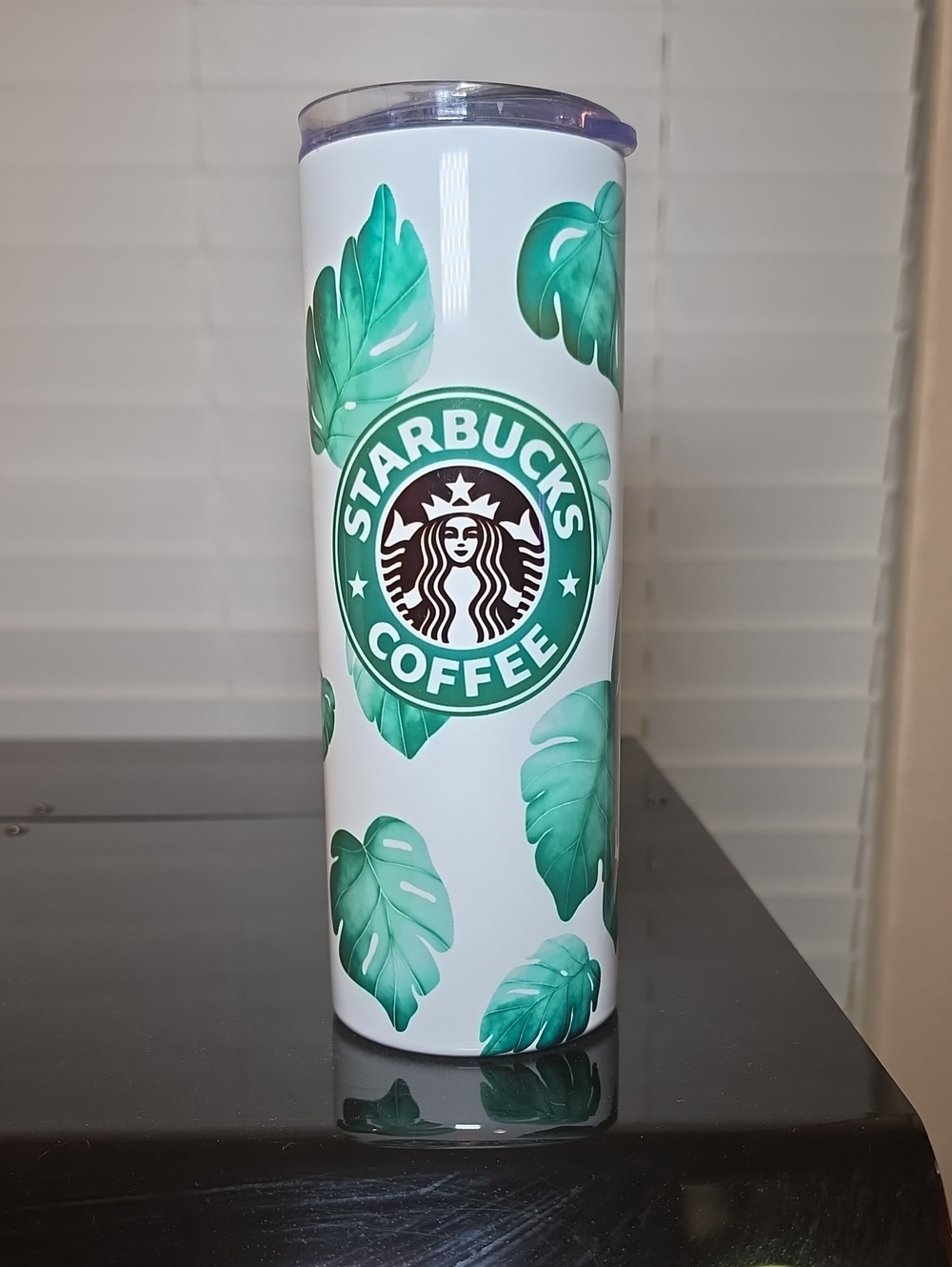20oz Stainless Steel Starbucks White Tumbler with Green Leaf Motif